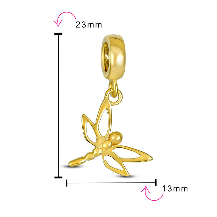 Dragonfly Firefly Butterfly Dangle Charm Bead 14K Gold Plated Sterling Silver Fit