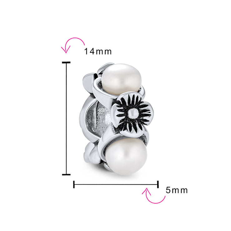 Set of 2 White Simulated Pearl Flower Charm Bead Sterling Silver for Bracelet