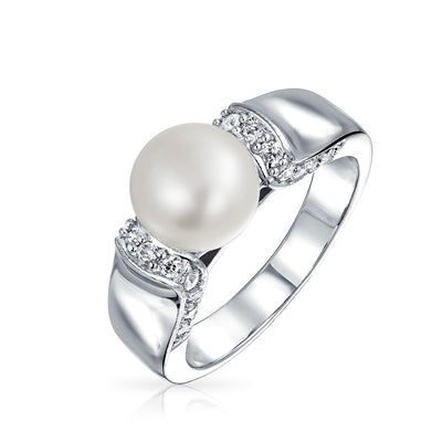 CZ White Freshwater Cultured Pearl Engagement Ring Silver Plated