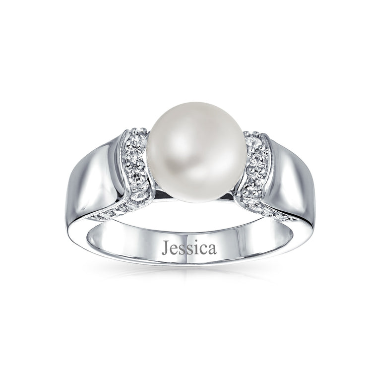 Art Deco Cocktail Statement Ring with CZ and Freshwater Pearl Silver Plated Brass