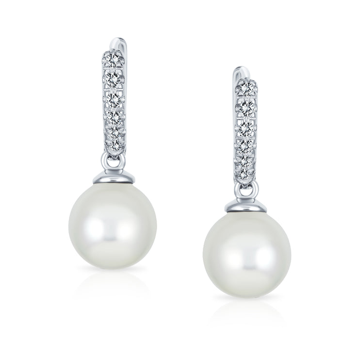 Bridal Imitation Pearl Drop Ball Hoop Pave Huggie Earrings .925 Silver