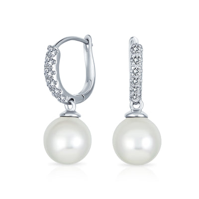 Bridal Imitation Pearl Drop Ball Hoop Pave Huggie Earrings .925 Silver