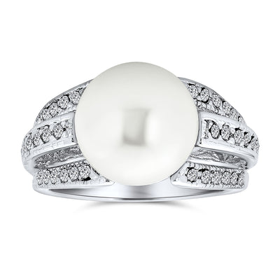 CZ Solitaire White Imitation Pearl Ring For Prom Silver Plated Brass