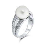 CZ Solitaire White Imitation Pearl Ring For Prom Silver Plated Brass