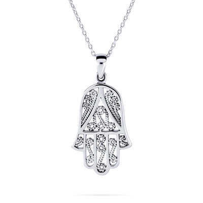 Yoga Filigree Hamsa Pendant Necklace in Sterling Silver - Hand of God Amulet