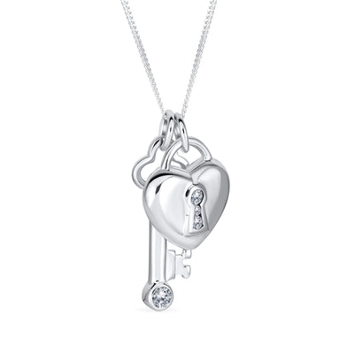 Love Lock & Key Heart CZ Charm Pendant Necklace in Sterling Silver