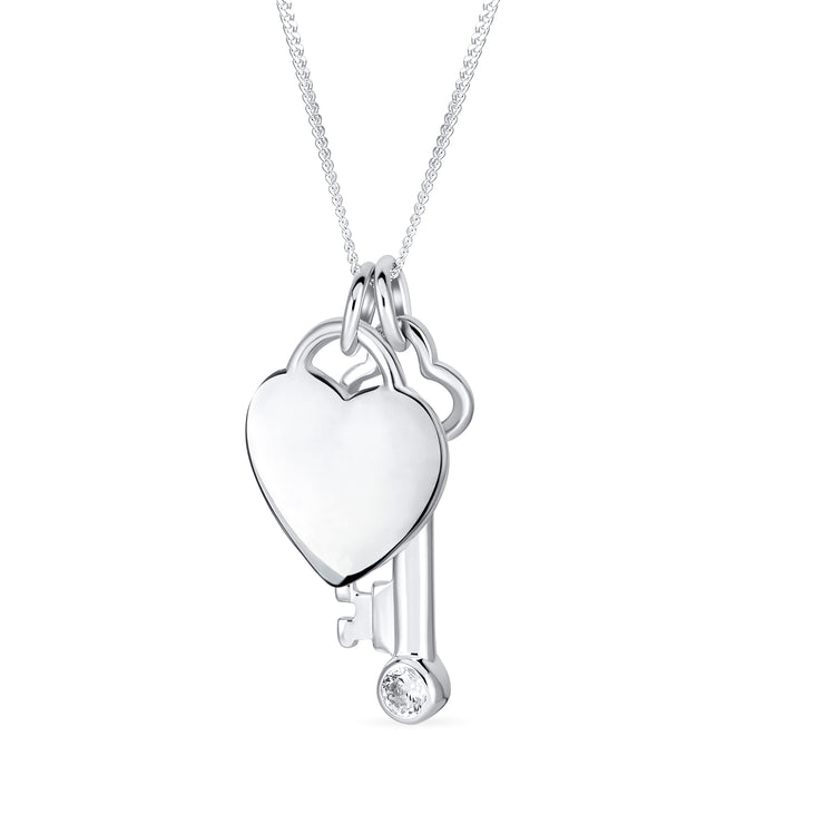 Love Lock & Key Heart CZ Charm Pendant Necklace in Sterling Silver