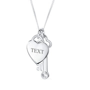 Love Lock & Key Heart CZ Charm Pendant Necklace in Sterling Silver