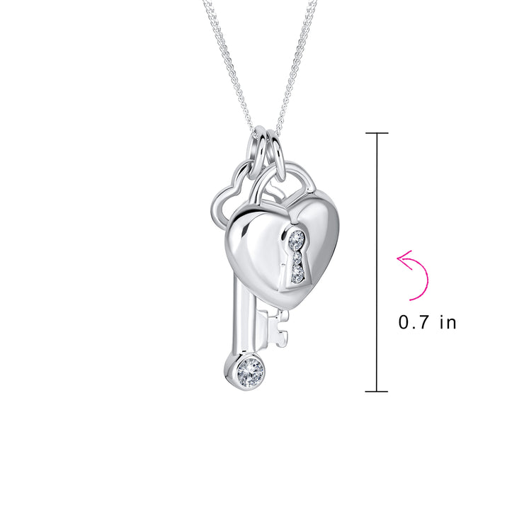 Love Lock & Key Heart CZ Charm Pendant Necklace in Sterling Silver