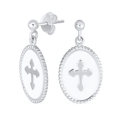 Religious White Oval Fleur De Lis Dangle Cross Earrings .925 Silver