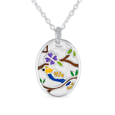 Enamel Nature Oval Bird Cameo Pendant Necklace .925Sterling Silver