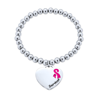 Heart Charm ID Bracelet with Pink Ribbon for Breast Cancer Survivor Silver Tone