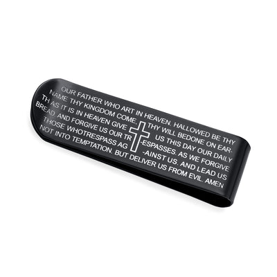 Men's Our Father Lord's Prayer Cross Black Money Clip Stainless Steel