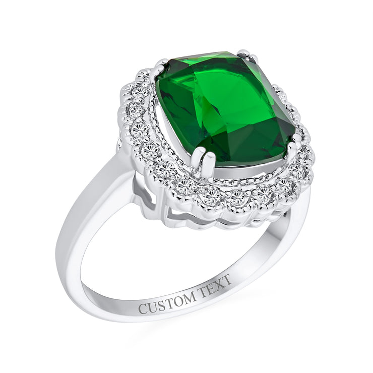 Fashion Rectangle CZ Pave Green Emerald Cocktail Statement Ring Silver Plated