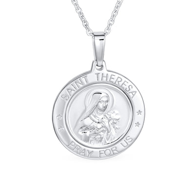 Large Patron of Missions Saint Theresa Pendant Necklace in Sterling Silver