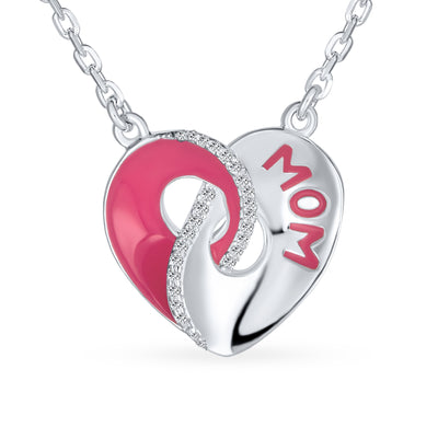 Crystal Pink Interlocking Word MOM Heart Pendant Necklace .925 Silver