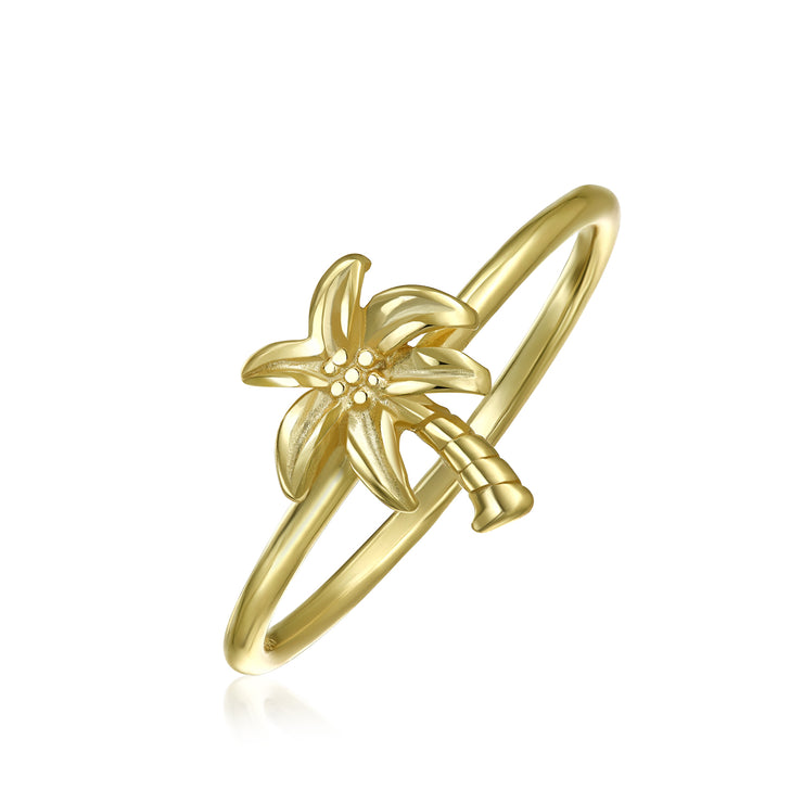 Minimalist Silver Ring with Palm Tree Design 14K Gold Plated Sterling Silver