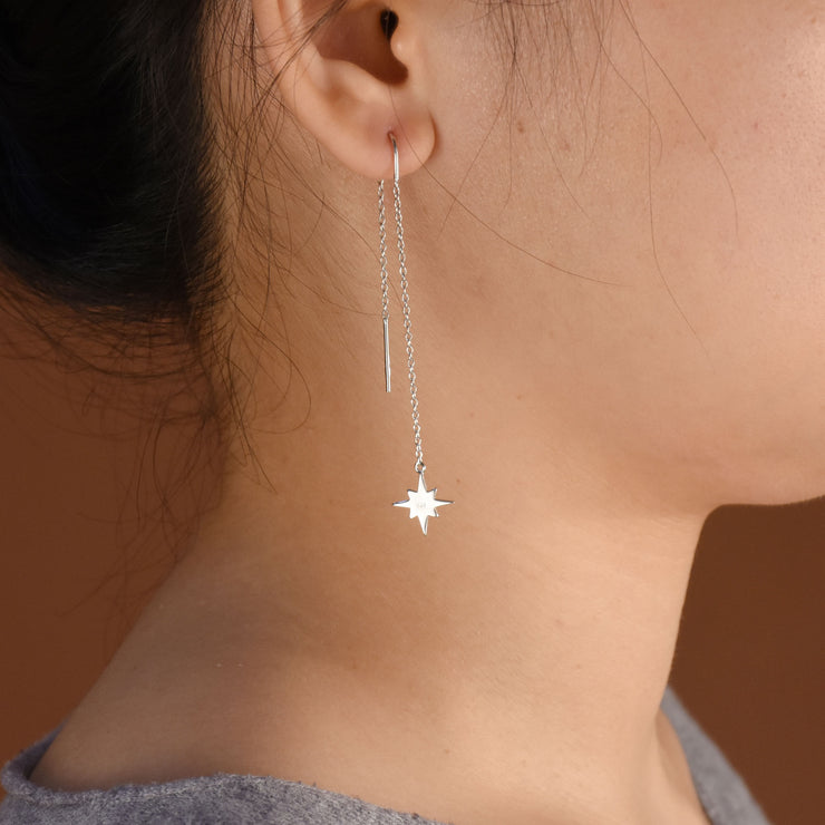 Minimalist Celestial Dangle Earrings North Star Threader in Sterling Silver