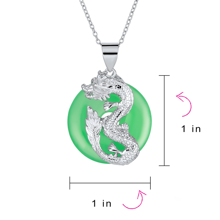 Dragon Round Circle Disc Green Jade Pendant Sterling Silver Necklace