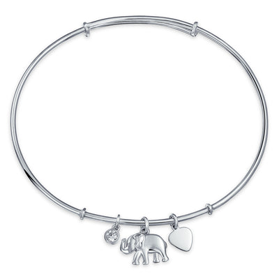 Elephant Heart Dangle Charm Bangle Bracelet CZ 925 Sterling Silver