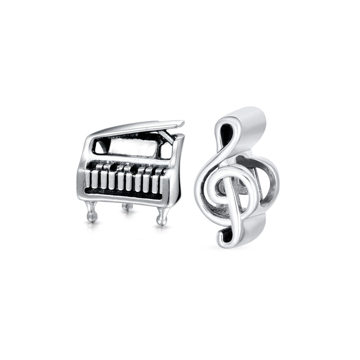 Set of 2 Grand Piano & G Clef Musician Charm Bead Oxidized Sterling Silver