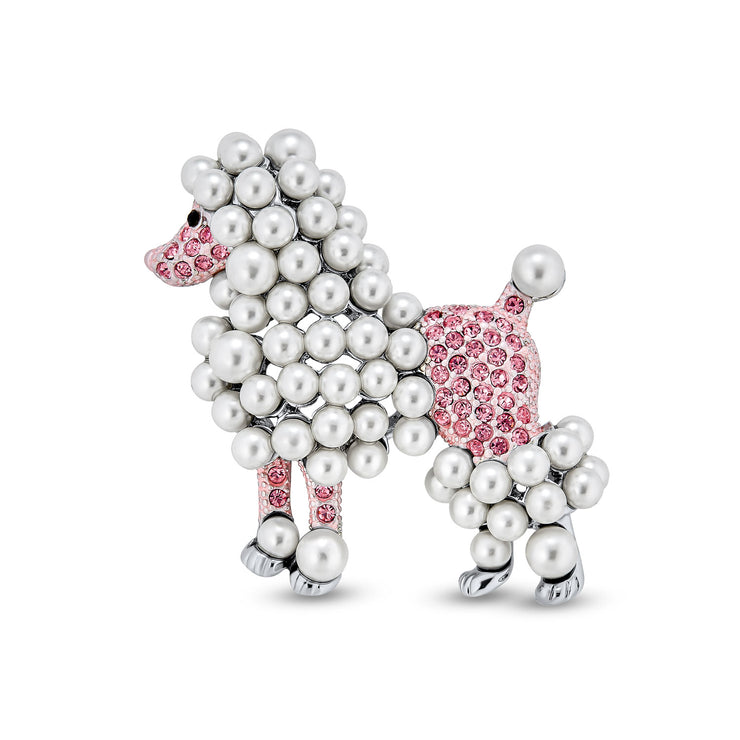 Statement Crystal White Imitation Pearl Pink Dog Poodle Brooch Pin