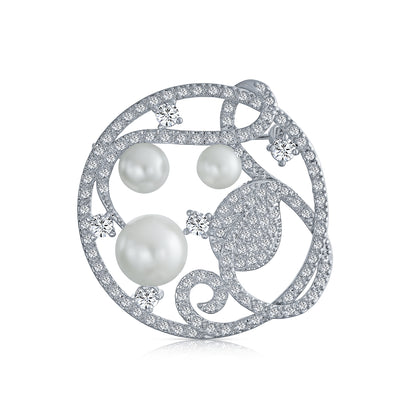 Bridal CZ Round Swirl White Imitation Pearl Circle Scarf Brooch Pin