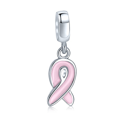 Radiant Pink Ribbon Hope Dangle Charm Bead - Sterling Silver for European Bracelets