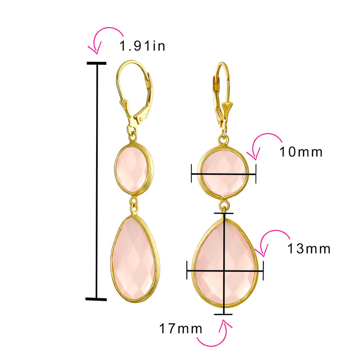 Pink Teardrop Dangle Earrings Simulated Chalcedony Quartz Gold Plated
