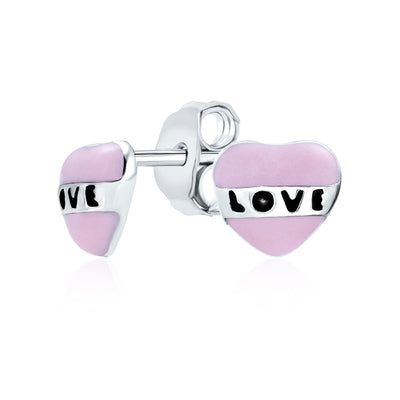 Delicate Pink Heart Shaped Stud Earrings with LOVE Message in Sterling Silver