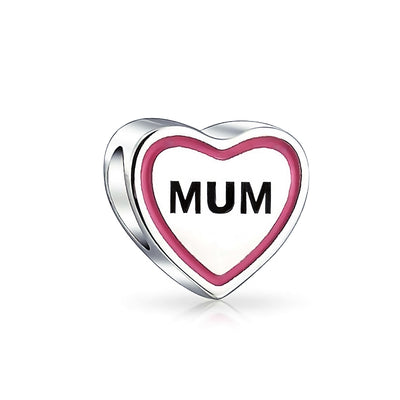 Heart Shaped Pink Mother Word Mum Charm Bead .925 Sterling Silver