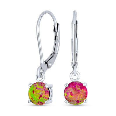 Simple Solitaire Pink Created Opal Dangle Gemstone Earrings in Sterling Silver