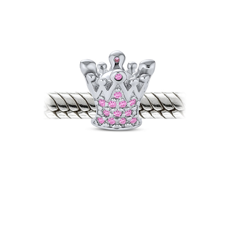 Set of 2 Fairytale Castle & Princess Queen Crown Pink Fuchsia Crystal Bead Charm