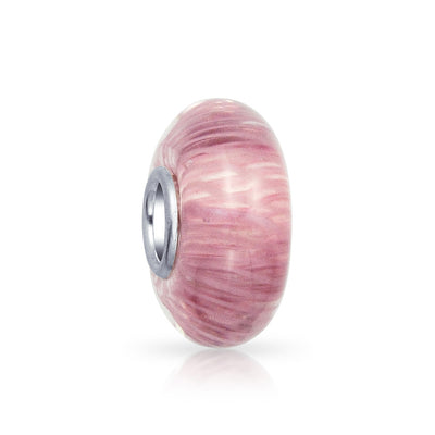 Solid Pink Mauve Murano Glass Charm Bead with Sterling Silver Core for Bracelets