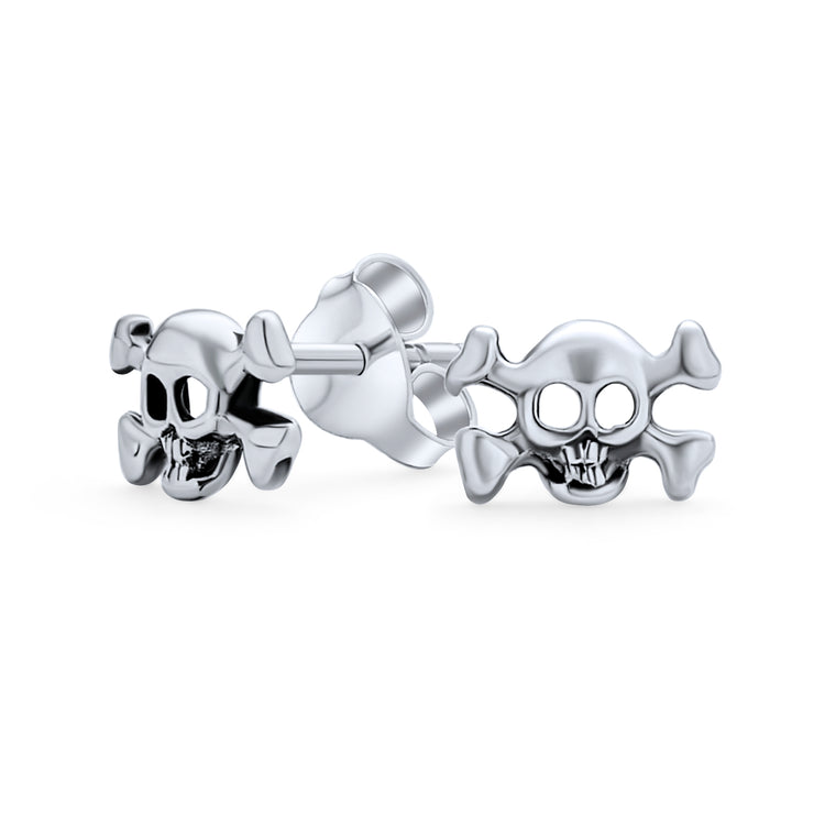 Caribbean Pirate Skull Stud Earrings for Men, Bikers, Punk Rockers, Sterling Silver