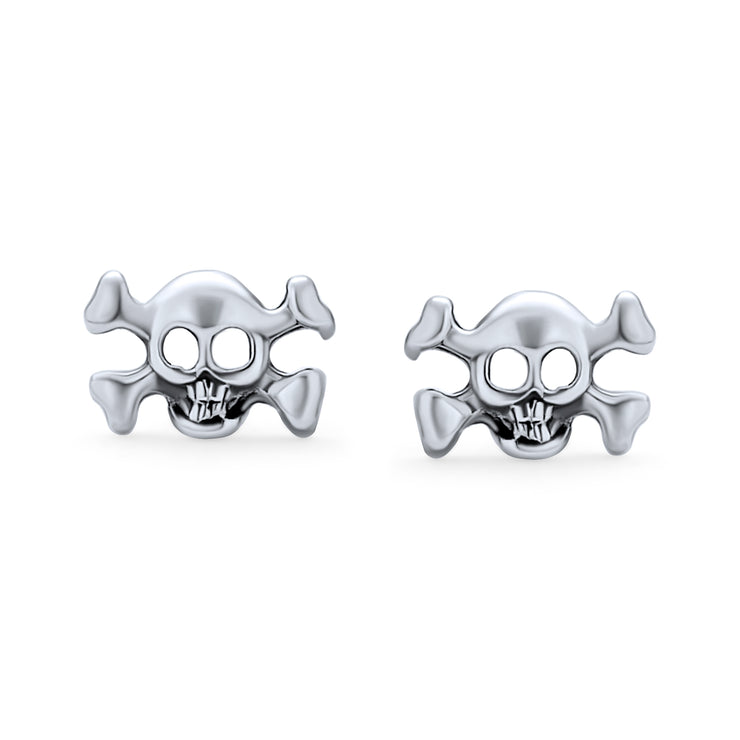 Caribbean Pirate Skull Stud Earrings for Men, Bikers, Punk Rockers, Sterling Silver