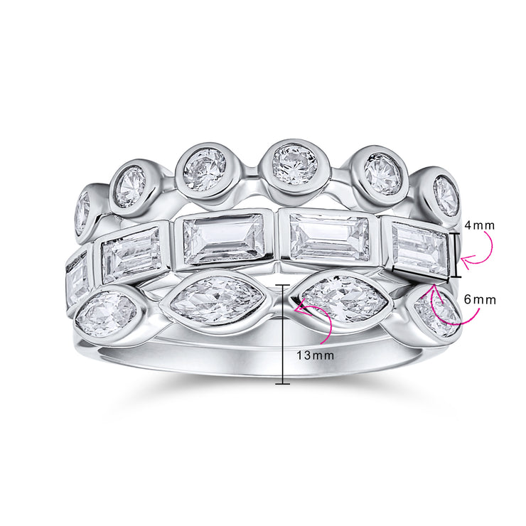 Stackable Baguette Marquise CZ Wedding Band Ring Set Sterling Silver