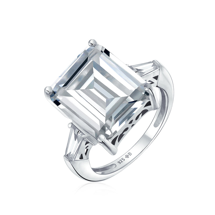 .925 Sterling Silver 7CT AAA CZ Emerald Cut Engagement Ring Baguette