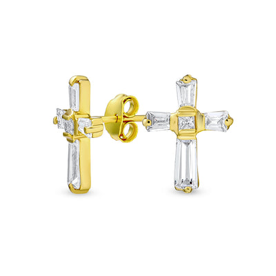 Religious Petite Cross CZ Stud Earrings Gold Plated Sterling Silver