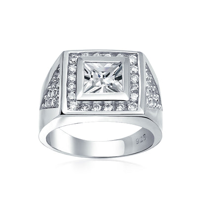 Princess Cut AAA CZ Mens Big Engagement Statement Ring .925 Silver