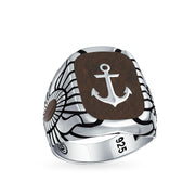 Mens Silver Ring with Nautical Etched Wood Inset and Anchor Design Sterling Silver