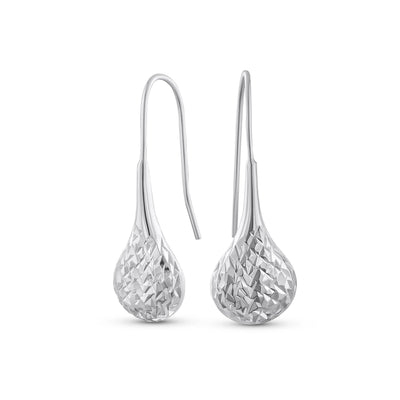 Diamond Cut Puffed Raindrop Teardrop Earrings Fishhook Sterling Silver 1 Inch