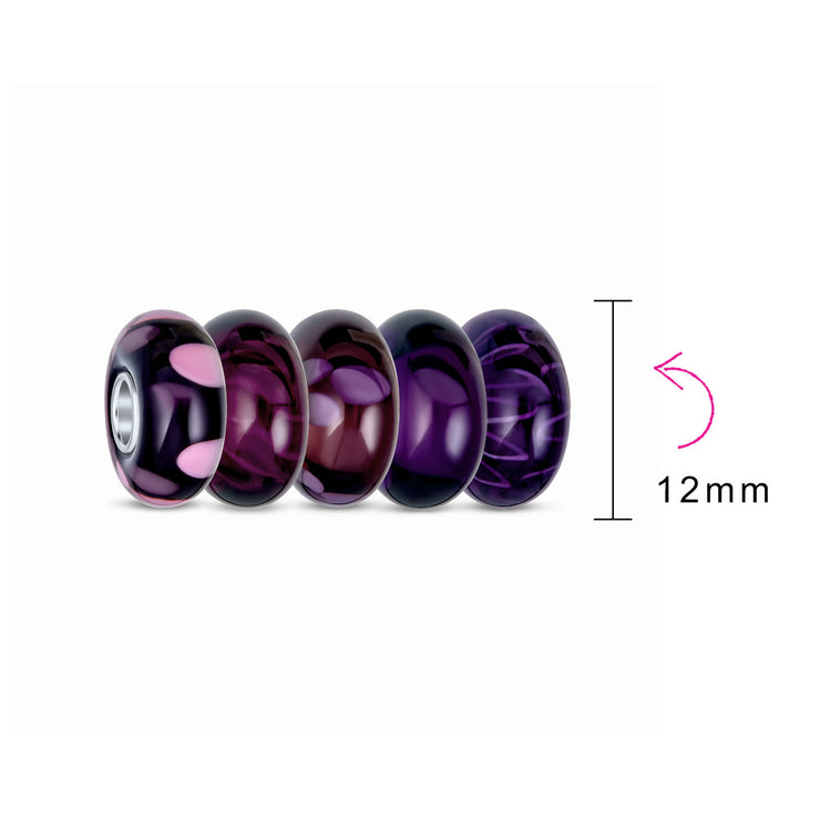 Violet Lavender Purple Burgundy Murano Glass Charm Bead Set for European Bracelets