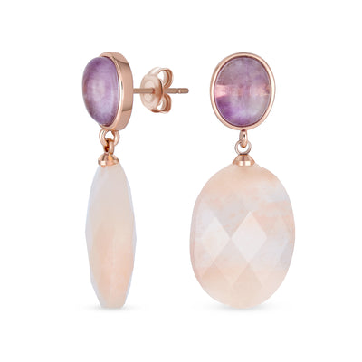 Elegant Dangle Gemstone Earrings Amethyst & Rose Quartz in Rose Gold Plating