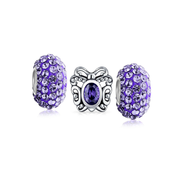 Set of 3 Purple CZ Butterfly Solid Lilac Purple Crystal Spacer Bead Charm Bead