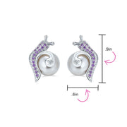 3D Purple Pave Snail White Stud Imitation Pearl Earrings Silver Plate