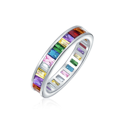 Cubic Zirconia Rainbow Cocktail Statement Ring Emerald Cut Baguette CZ Band