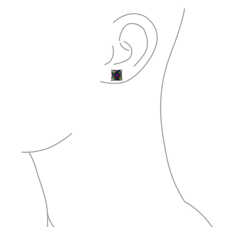Men's Square Black Mystic Rainbow CZ Stud Earrings, Sterling Silver, 5-10MM
