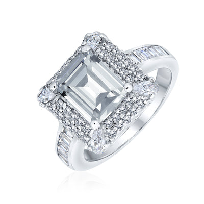 Classic 4CTW Emerald Cut CZ Halo Engagement Ring in Sterling Silver Pave Band