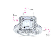 Classic 4CTW Emerald Cut CZ Halo Engagement Ring in Sterling Silver Pave Band